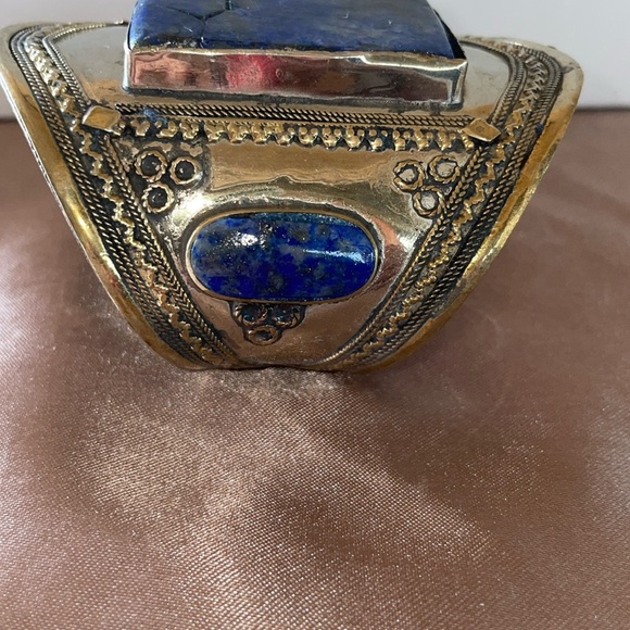 Tribal Lapis Lazuli Lajward Blue 3 Stone Cuff Southwestern Adjustable Cuff - Picture 5 of 12
